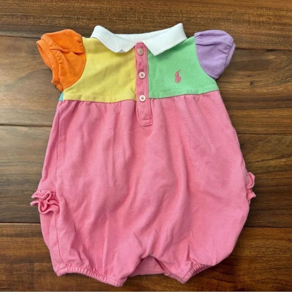 Ralph Lauren pink/yellow/orange/green/purple color block ruffle romper